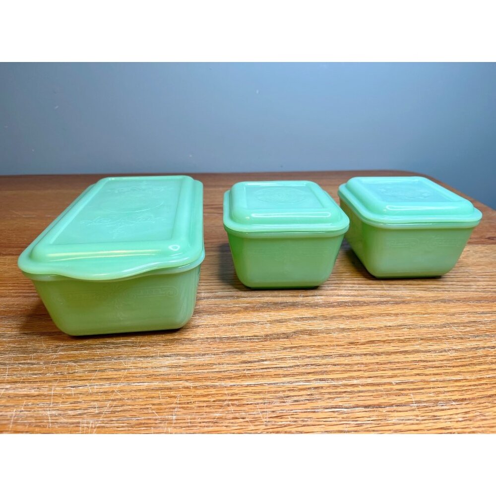 Set of 3 1940s-1950s Jadeite Fire King Philbe Refrigerator Dishes with Matching